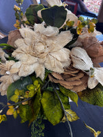 Burlap florals in cracked ceramic vase