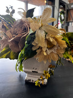 Burlap florals in cracked ceramic vase
