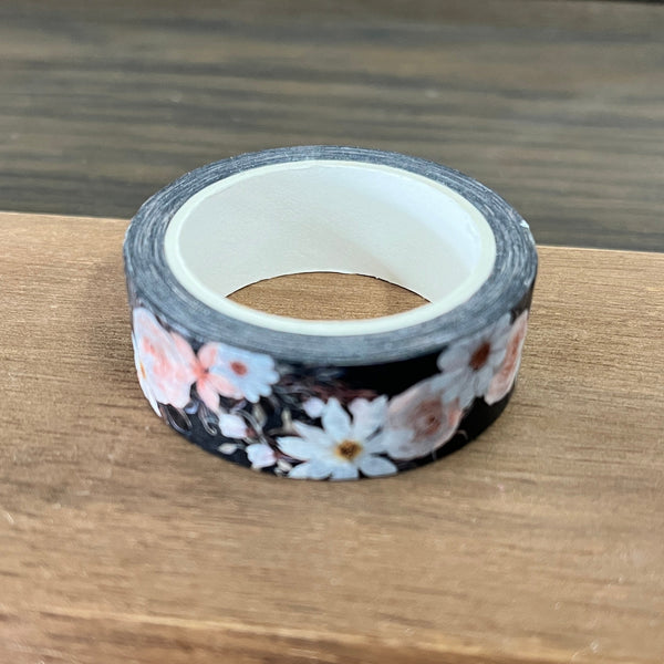 Black Tape: White & Pink Florals - 15mm Washi Tape