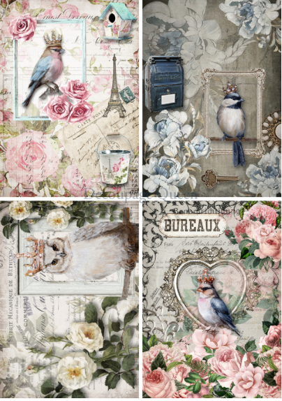 Decoupage Queen Crowned Birds Four Pack Rice Paper