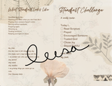 A printed card or booklet page with a warm cream background, featuring the title 'What steadfast looks like' and 'Steadfast Challenge' in brown script and serif text, plus decorative botanical line art and a large pale flower illustration.