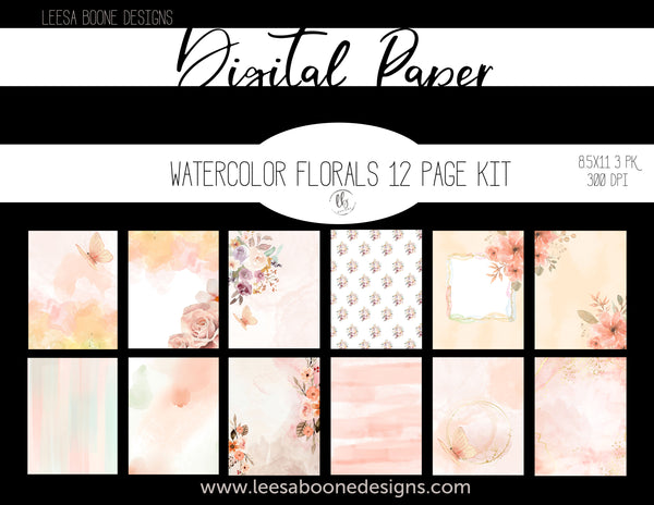 Pinky Watercolor Florals Digital Paper Kit